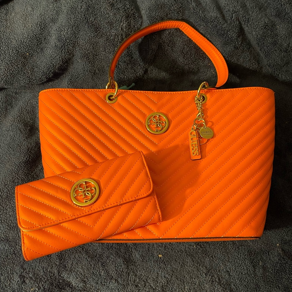 Guess Salmon pink  Quilted Tote and Wallet silver hardware